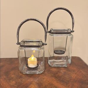 Glass Lantern Set with Brown Metal Handle